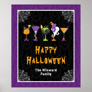 Halloween-Cocktails Lila Damast-Party-Schild Poster