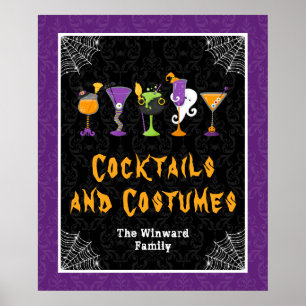 Halloween-Cocktails Lila Damast-Party-Schild Poster