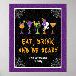 Halloween Cocktails Purple Damask Party Sign Poster