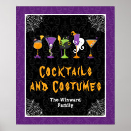 Halloween Cocktails Purple Damask Party Sign Poster