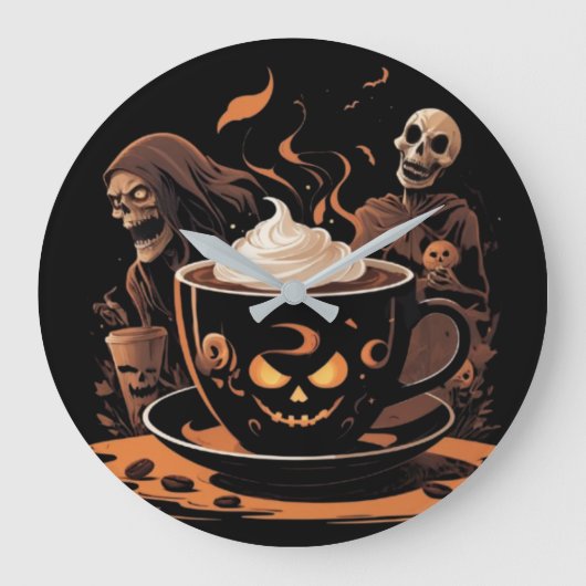 Halloween Coffee Art – Spooky Latte with Skeletons Große Wanduhr (Vorderseite)