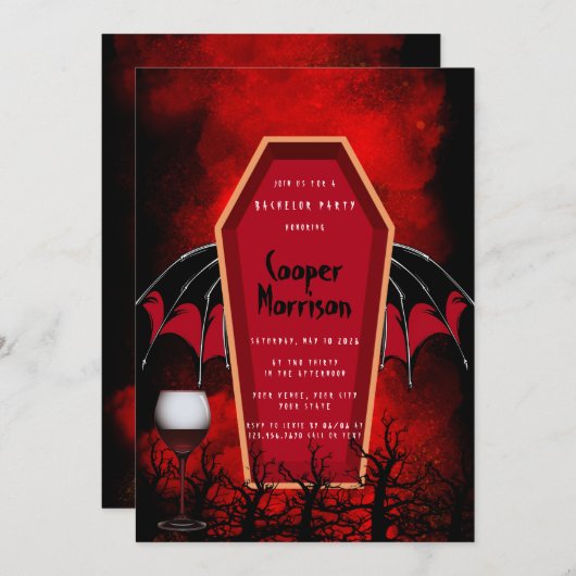 Halloween Coffin und Bat Wings Bachelor Party Einladung (Vorne/Hinten)