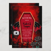 Halloween Coffin und Bat Wings Red Black Wedding I Einladung (Vorne/Hinten)
