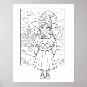 Halloween Coloring Page - Ein Mädchen mit Kürbis Poster