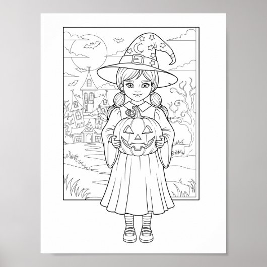 Halloween Coloring Page - Ein Mädchen mit Kürbis Poster (Vorne)