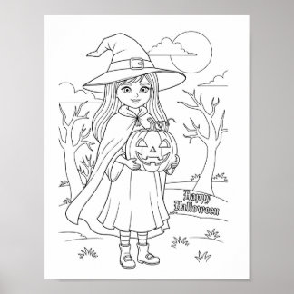Halloween Coloring Page - Ein Mädchen mit Kürbis Poster