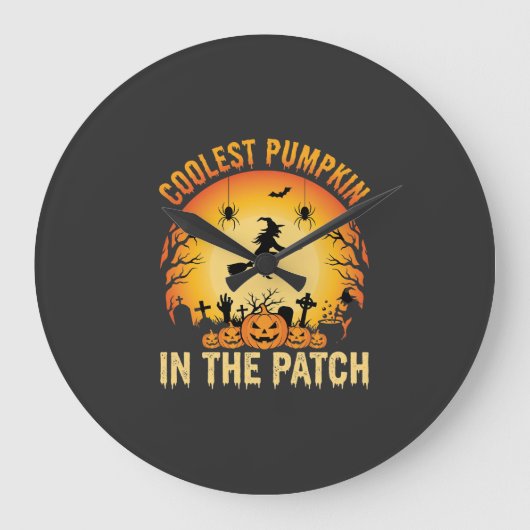 Halloween Coolster Kürbis im Patch Hexen Design Große Wanduhr (Vorderseite)