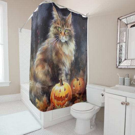Halloween-Coon-Katze mit Pumpkins Beängstigend Duschvorhang (Beispiel)