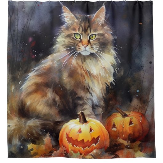 Halloween-Coon-Katze mit Pumpkins Beängstigend Duschvorhang (Vorderseite)