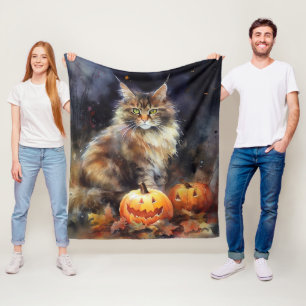 Halloween-Coon-Katze mit Pumpkins Beängstigend Fleecedecke