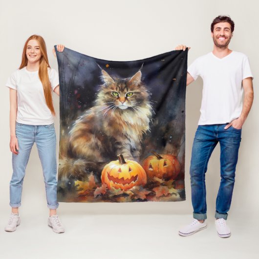 Halloween-Coon-Katze mit Pumpkins Beängstigend Fleecedecke (Beispiel)