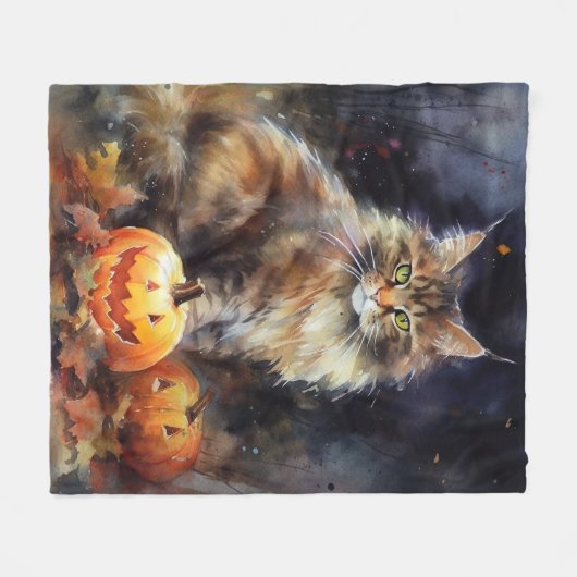 Halloween-Coon-Katze mit Pumpkins Beängstigend Fleecedecke (Vorderseite (Horizontal))