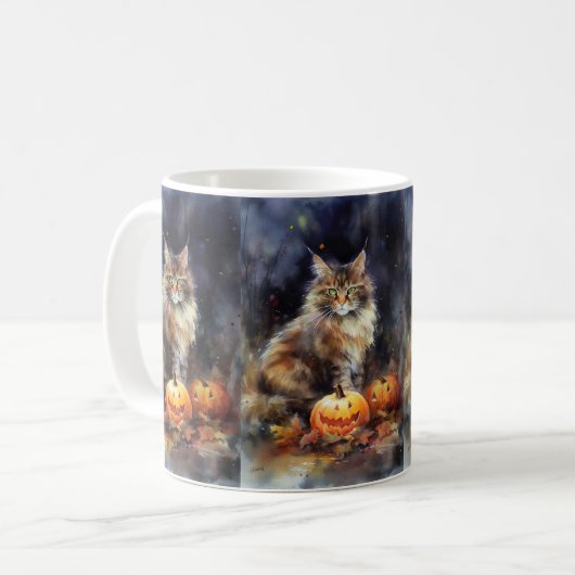 Halloween-Coon-Katze mit Pumpkins Beängstigend Kaffeetasse (Vorderseite Links)