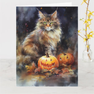 Halloween-Coon-Katze mit Pumpkins Beängstigend Karte