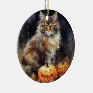 Halloween-Coon-Katze mit Pumpkins Beängstigend Keramik Ornament