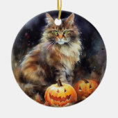 Halloween-Coon-Katze mit Pumpkins Beängstigend Keramik Ornament (Vorne)