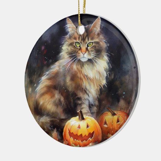 Halloween-Coon-Katze mit Pumpkins Beängstigend Keramik Ornament (Links)