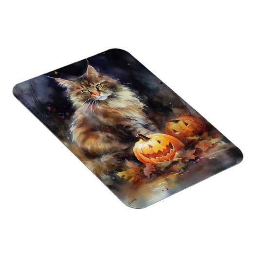 Halloween-Coon-Katze mit Pumpkins Beängstigend Magnet (Rechte Seite)