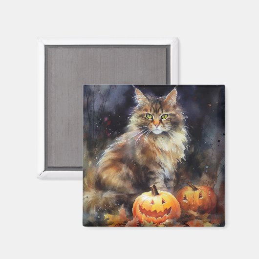 Halloween-Coon-Katze mit Pumpkins Beängstigend Magnet (Vorderseite/Rückseite)