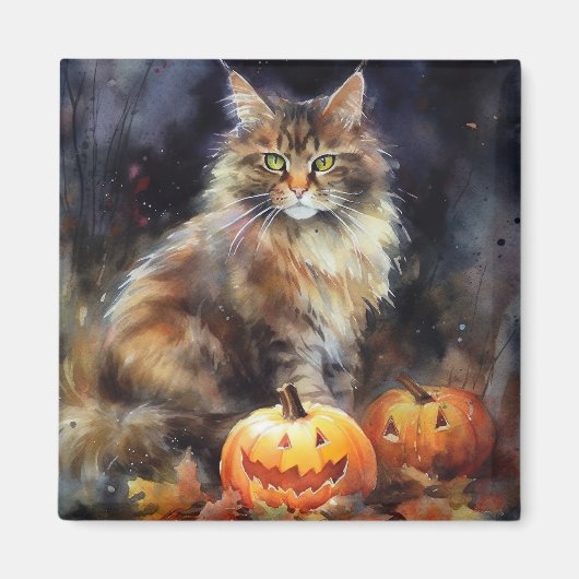 Halloween-Coon-Katze mit Pumpkins Beängstigend Magnet (Vorne)