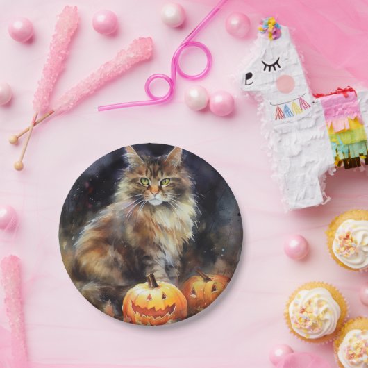 Halloween-Coon-Katze mit Pumpkins Beängstigend Pappteller (Party)