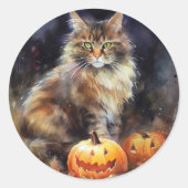 Halloween-Coon-Katze mit Pumpkins Beängstigend Runder Aufkleber (Vorderseite)