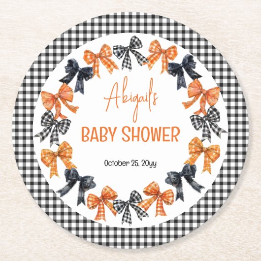Halloween Coquette Black | Orange Bows Baby Dusche Runder Pappuntersetzer (Vorderseite)
