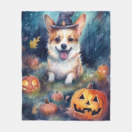 Halloween Corgi mit Pumpkins Beängstigend Fleecedecke (Vorderseite)