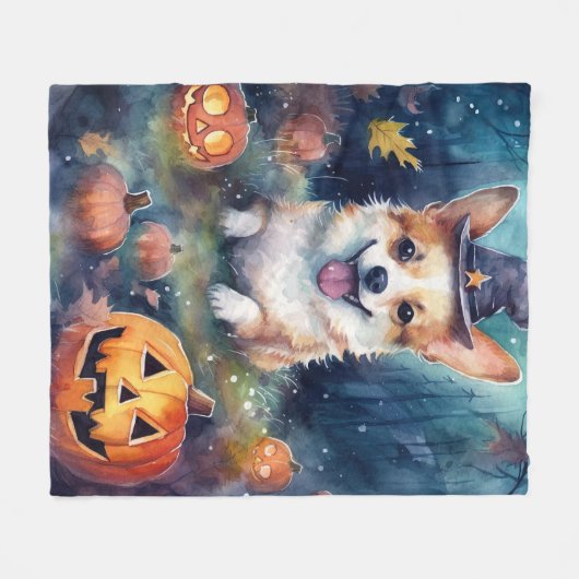 Halloween Corgi mit Pumpkins Beängstigend Fleecedecke (Vorderseite (Horizontal))