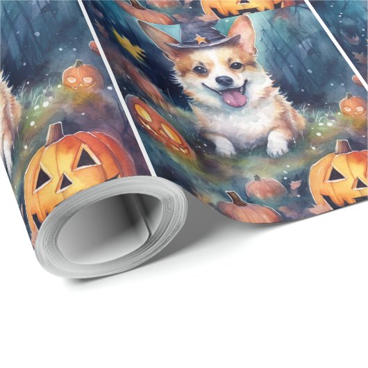 Halloween Corgi mit Pumpkins Beängstigend Geschenkpapier (Rolleneckpunkt)