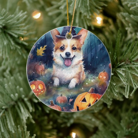 Halloween Corgi mit Pumpkins Beängstigend Keramik Ornament (Baum)