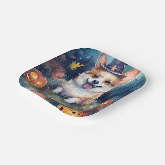 Halloween Corgi mit Pumpkins Beängstigend Pappteller (Gewinkelt)