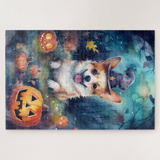 Halloween Corgi mit Pumpkins Beängstigend Puzzle (Horizontal)