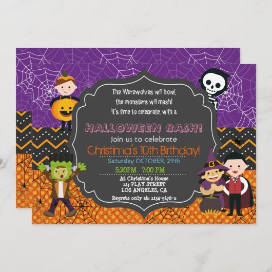 HALLOWEEN COSTUME BIRTHDAY PARTY EINLADUNG (Vorne/Hinten)