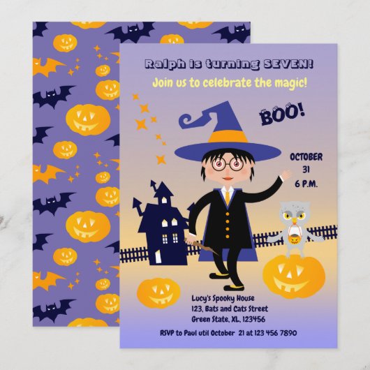 Halloween Costume Boy Wizard Geburtstagsparty Einladung (Vorne/Hinten)