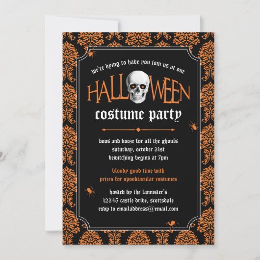 Halloween Costume Party Skull auf Orange Damask Einladung (Vorderseite)