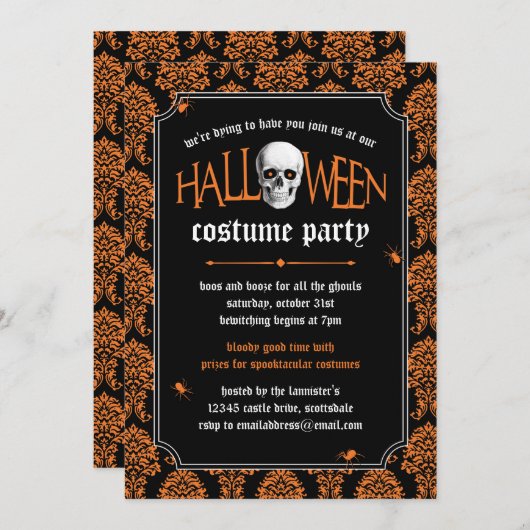 Halloween Costume Party Skull auf Orange Damask Einladung (Vorne/Hinten)