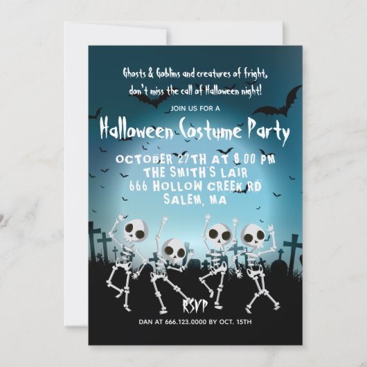 Halloween Costume Party tanzt Skelette Einladung (Vorderseite)