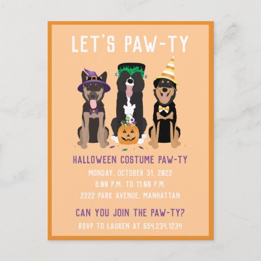 Halloween Costume Pawty Hunde Einladungspostkarte (Vorderseite)