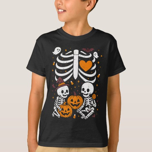 Halloween Costume Pregnant Woman Twins Pumpkin Rib T-Shirt (Vorderseite)