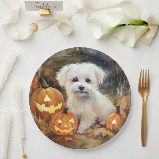 Halloween Coton De Tulear mit Kürbissen Gruselig Pappteller (Hochzeit)