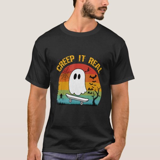 Halloween Creep It Real Retro Skateboarding Ghost T-Shirt (Vorderseite)