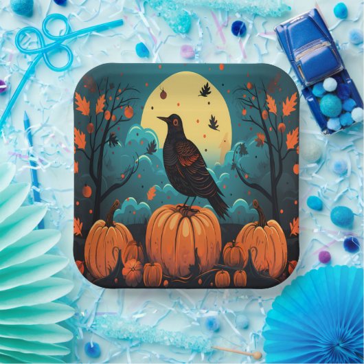 Halloween Crow im Kürbiswald Pappteller (Party)