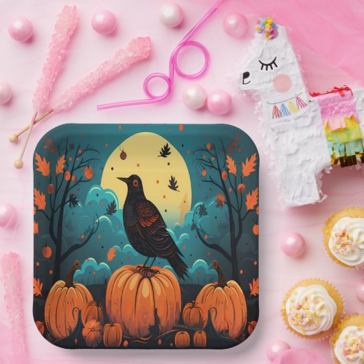 Halloween Crow im Kürbiswald Pappteller (Party)