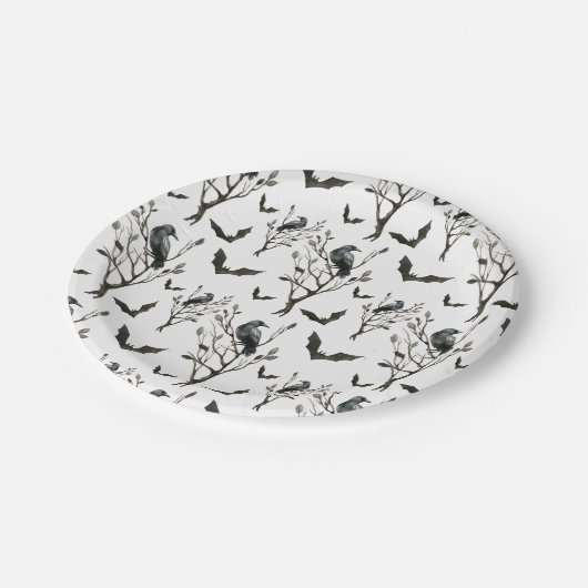 Halloween Crows Bats Beängstigend Schwarz/Weiß Pappteller (Schrägansicht)
