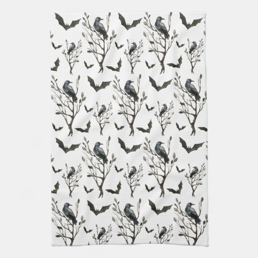 Halloween Crows Bats Schwarz und Weiß Geschirrtuch (Vertikal)