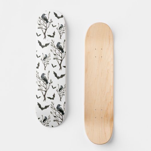 Halloween Crows Bats Schwarz und Weiß Skateboard (Vorderseite)