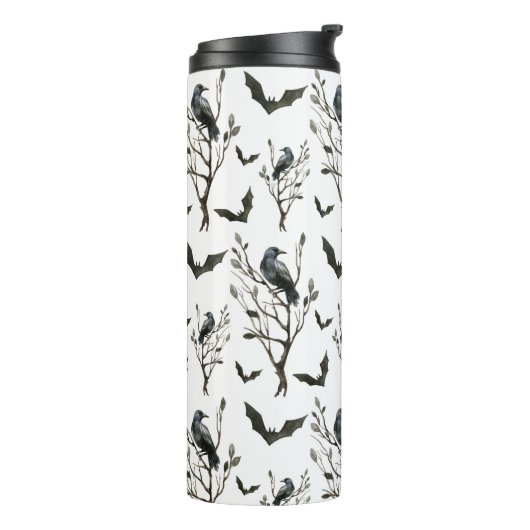 Halloween Crows Bats Schwarz und Weiß Thermosbecher (Nach links gedreht)