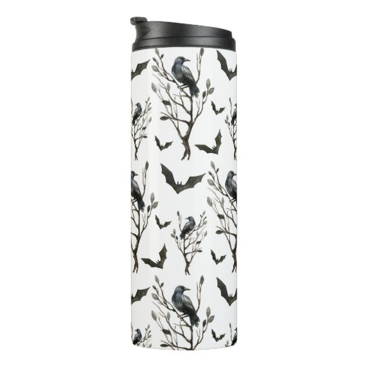 Halloween Crows Bats Schwarz und Weiß Thermosbecher (Nach rechts gedreht)