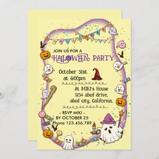 Halloween Custom Spooky Niedlich Whimsical Yellow Einladung (Vorne/Hinten)